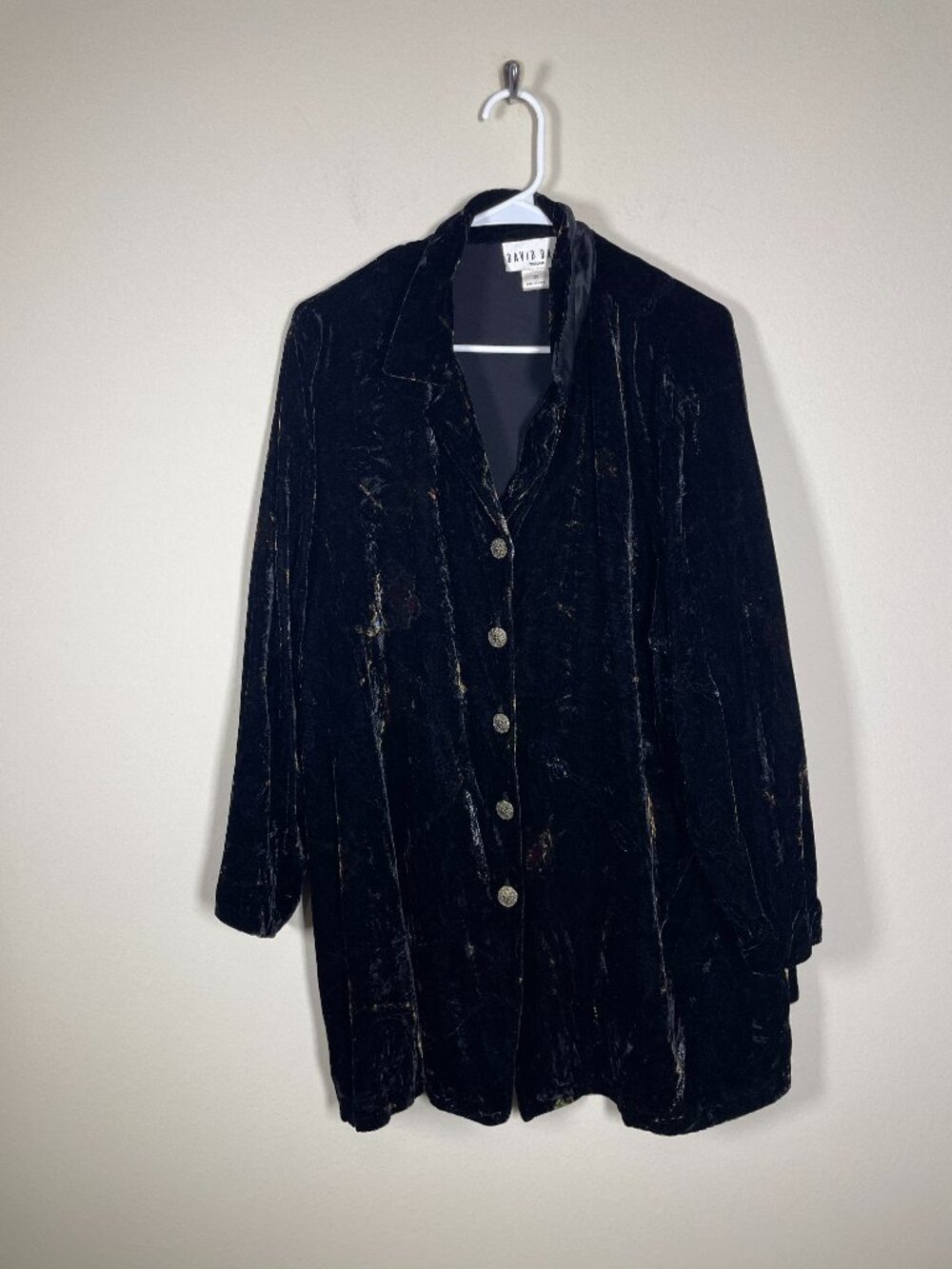 David Dart Vintage Velvet Button-Up Blazer Jacket 2X Floral Black Silk Blend!